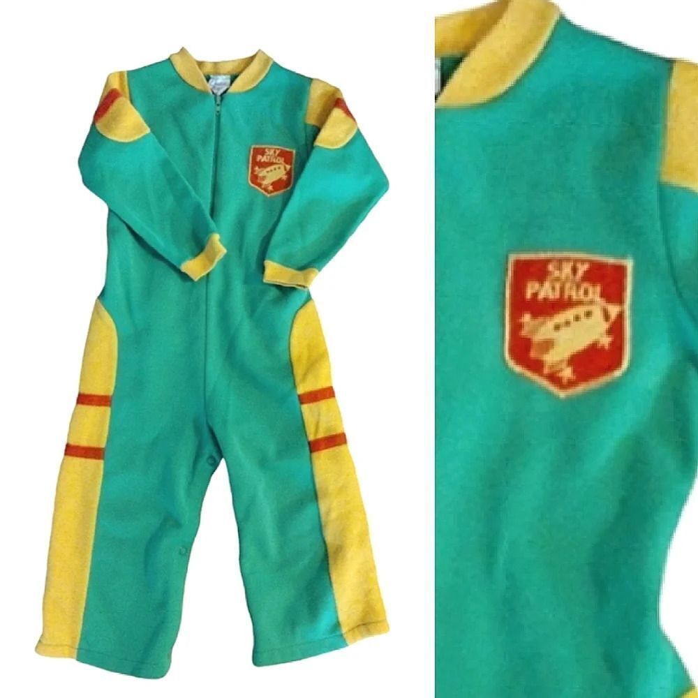 VTG 1970s Carter's Green Yellow‎ Sky Patrol One Piece Jumpsuit 24 Months